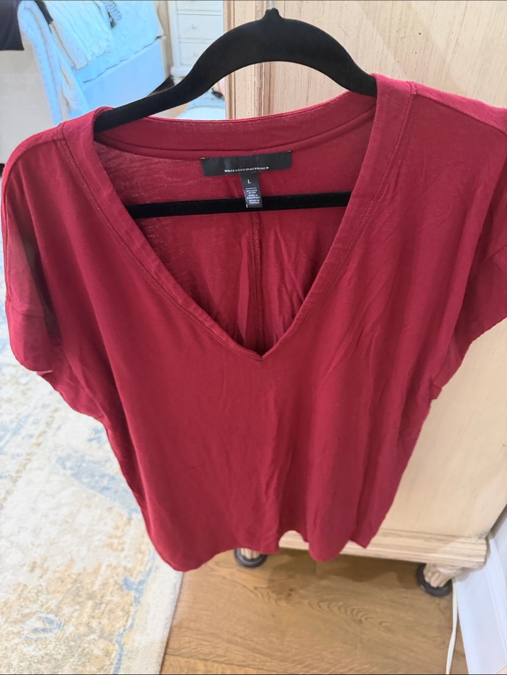 White House Black Market Burgundy V-Neck Short Sleeve Tee - Picture 4 of 9